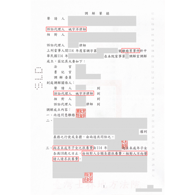 成功案例｜未成年子女扶養費全額由對方負擔、未成年子女共同監護、裁判離婚、離婚調解成立｜板橋律師推薦、板橋律師事務所推薦