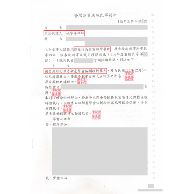 侵權行為損害賠償順利為當事人爭取到188萬元